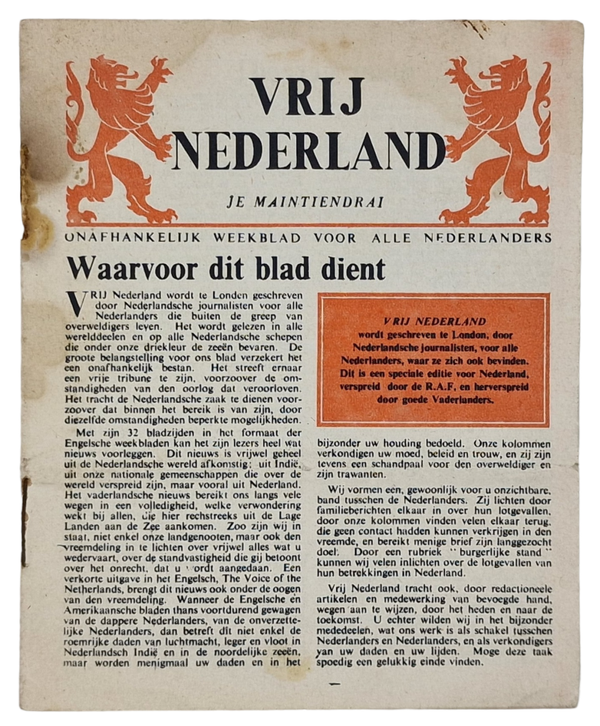 Original WW2 British Leaflet - H 6 ''Vrij Nederland Je Maintiendrai'' (1942)