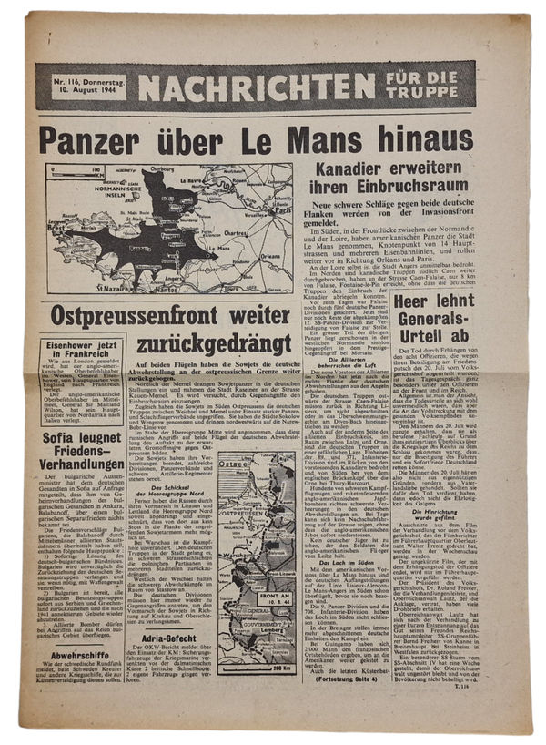 Original WW2 British Leaflet - Nachrichten für die Truppe Nr. 116, Le Mans, Operation Overlord (1944)