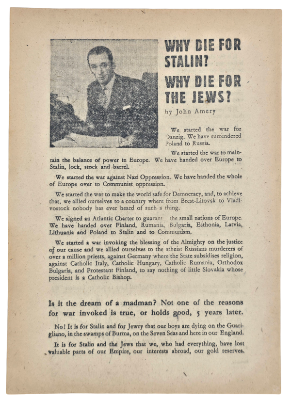 Original WW2 German Leaflet - Why die for Stalin? Why die for the Jews? John Amery (1944)