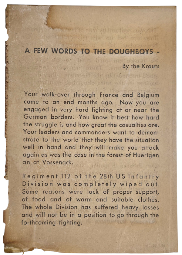 Original WW2 German Leaflet - 981144/14 A few words to the doughboys, Regiment 112, 28th US Infantry