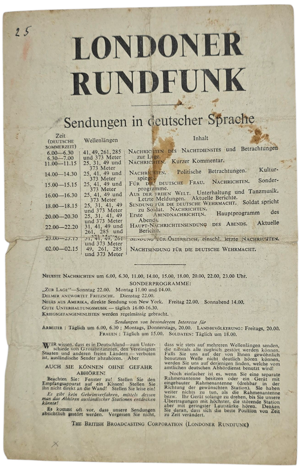 Original WW2 British Leaflet - EH 522 Londoner Rundfunk, Sendungen in Deutscher Sprache (1941)