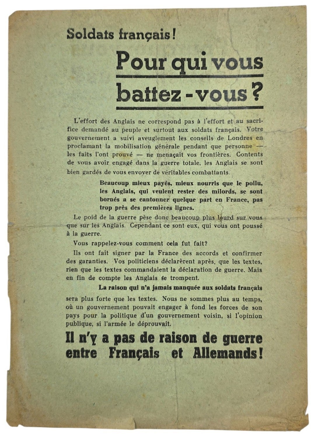 Original WW2 German Leaflet - Soldats Français! Pour qui vous battez-vous ? (1940)