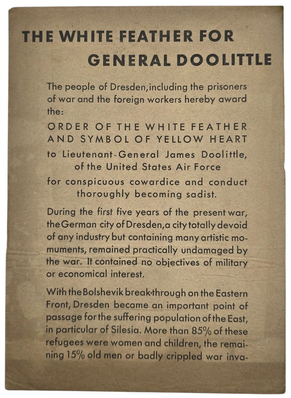 Original WW2 German Leaflet - SKJ 2014 The White feather for General Doolittle, bombing of Dresden (1945)