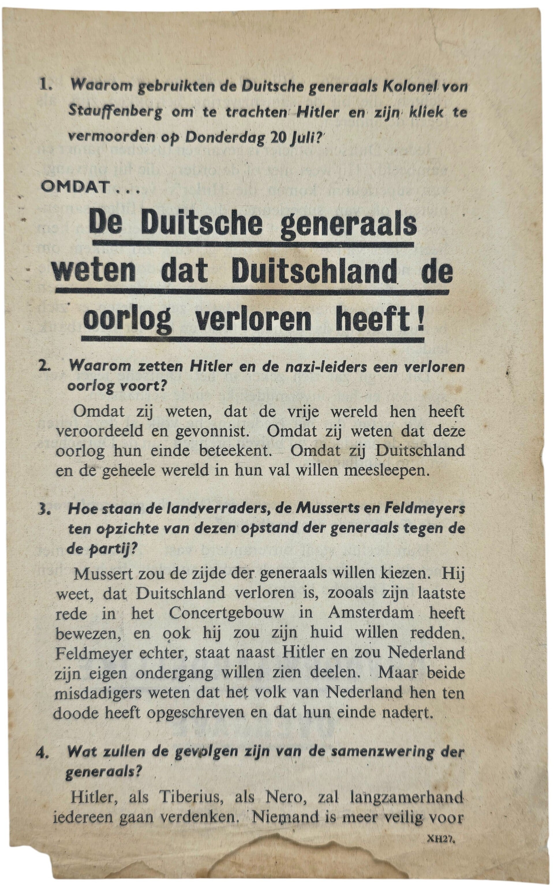 Original WW2 Dutch Leaflet - XH 27 ''De Duitsche generaals weten dat Duitschland de oorlog verloren heeft!'' (1944)