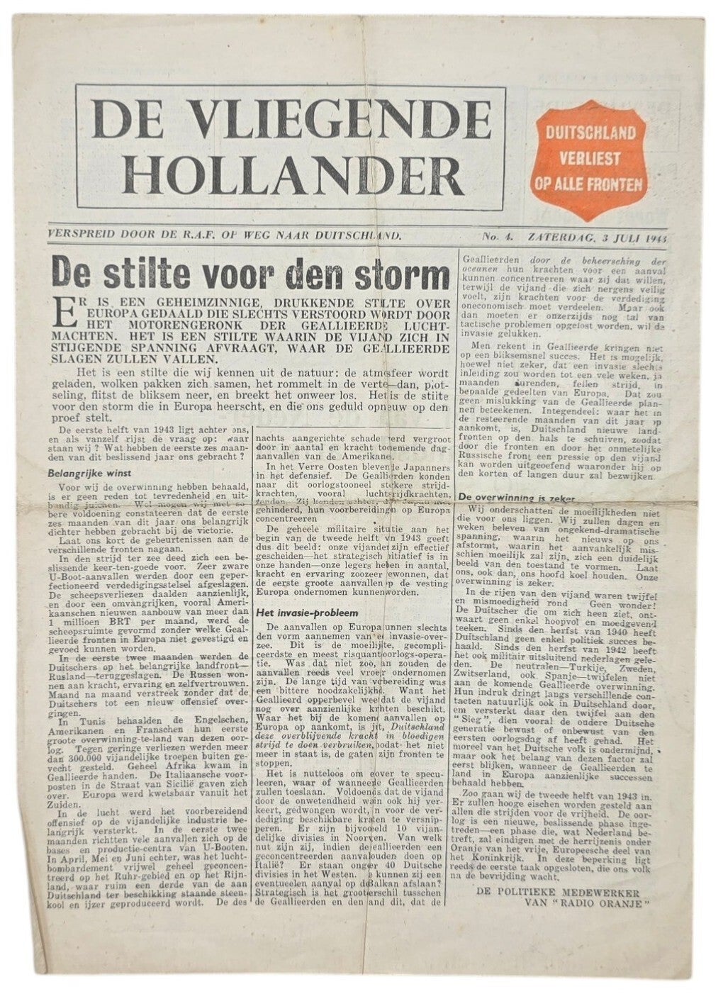 Original WW2 British Leaflet - H 13 De Vliegende Hollander No. 4 (1943)