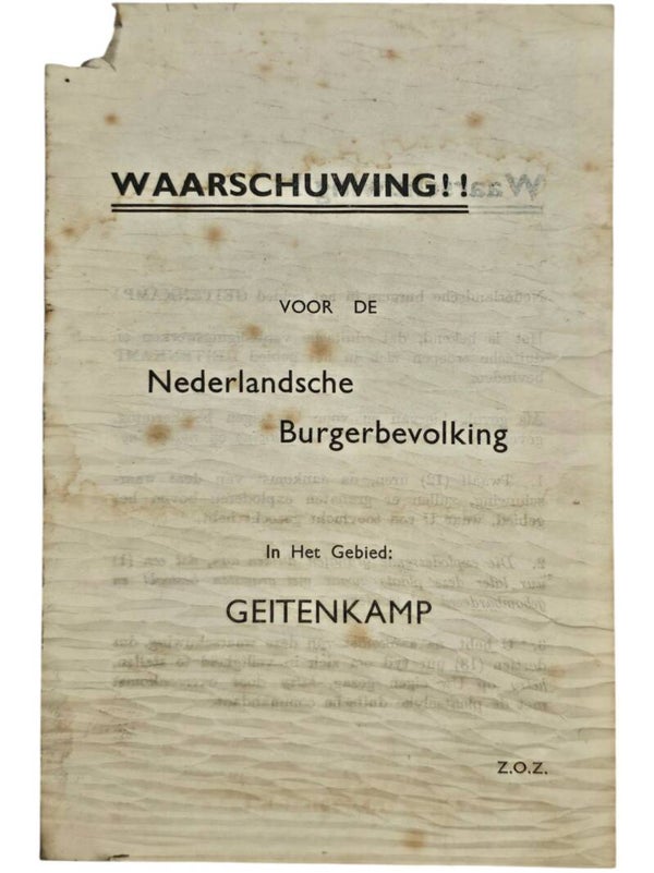 Original WW2 British Leaflet - Waarschuwing voor de Nederlandsche Burgerbevolking Geitenkamp, Arnhem (1945)