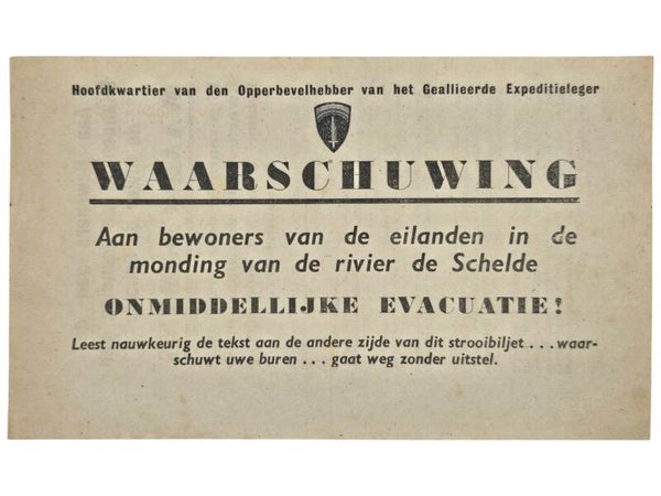 Original WW2 Allied Leaflet ZH 3 - ''Waarschuwing aan de bewoners van de eilanden in de monding van de rivier de Schelde'' (1944)