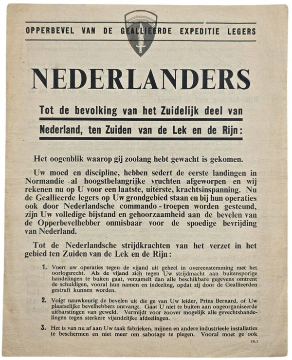 Original WW2 Allied Leaflet - ZH 2  ''Nederlanders tot de bevolking van het Zuidelijk deel van Nederland, ten Zuiden van de Lek en de Rijn'' (1944)