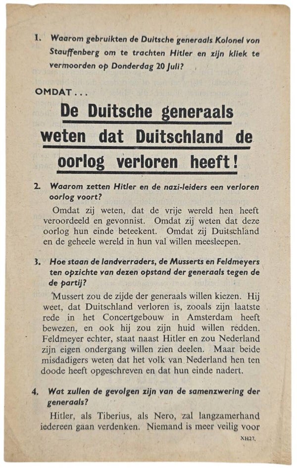 Original WW2 Dutch Leaflet - XH 27 ''De Duitsche generaals weten dat Duitschland de oorlog verloren heeft!'' (1944)