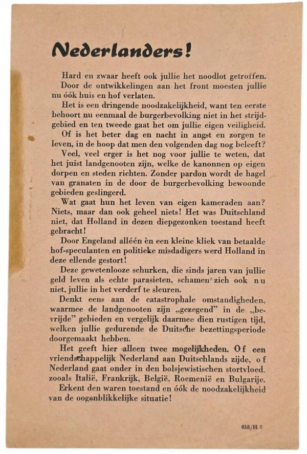 Original WW2 German Leaflet - SK 615/H 6 Nederlanders! (1945)