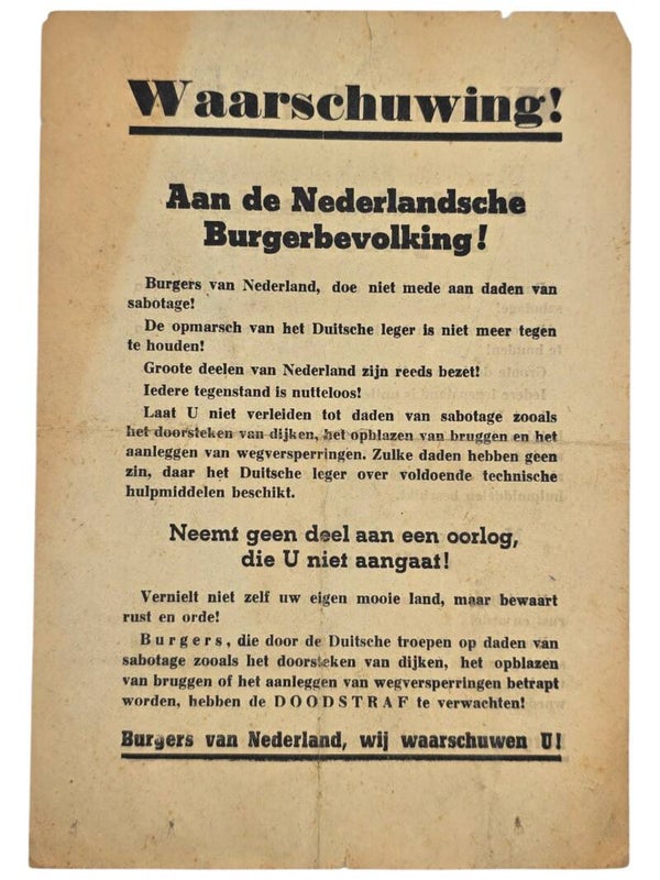 Original WW2 German Leaflet - Waarschuwing! Aan de Nederlandsche Burgerbevolking (1940)