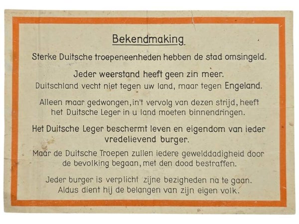 Original WW2 German Leaflet - Bekendmaking, Sterke Duitsche troepeneenheden hebben de stad omsingeld, The Hague, May (1940)