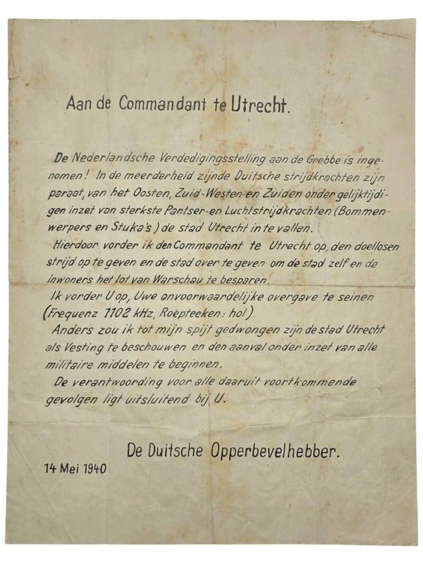 Original WW2 German Leaflet - Aan de Commandant te Utrecht, 14 Mei (1940)