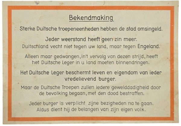 Original WW2 German Leaflet - Bekendmaking, Sterke Duitsche troepeneenheden hebben de stad omsingeld, The Hague, May (1940)
