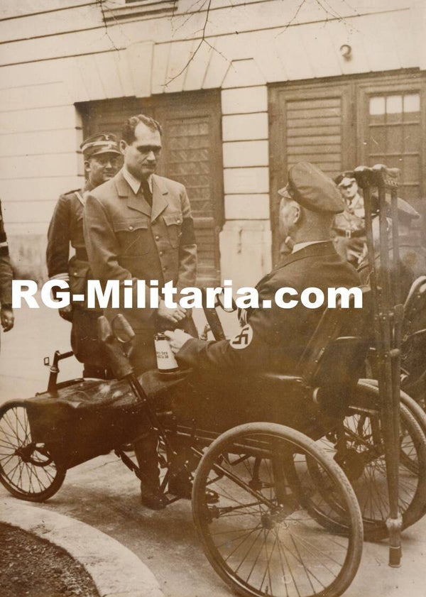 Original WW2 French Press Photo - Rudolf Hess talking to a wounded veteran, Berlin (1936)