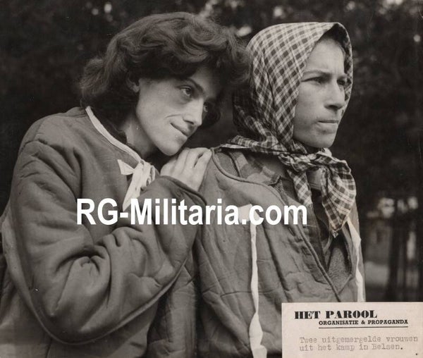 Original WW2 British Press Photo - Two liberated starving woman prisoners from the Bergen Belsen Concentration Camp (1945)
