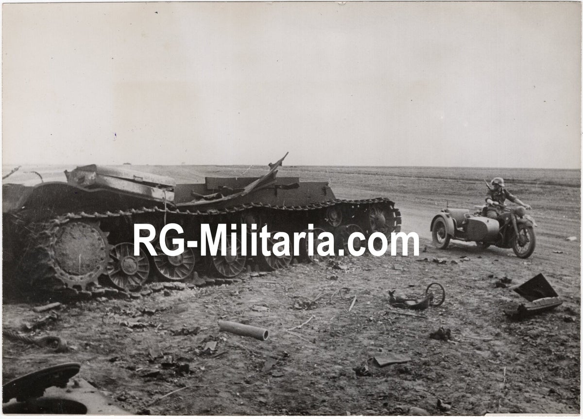 Original WW2 German Press Photo - German motorcycle rides past a tank ...