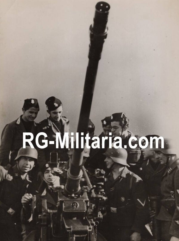 Original WW2 German Press Photo - Italian fascist youth ''Avanguardisti'' behind a Luftwaffe flak canon (1941)