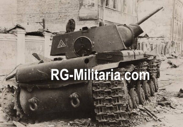 Original WW2 German Press Photo - Destroyed Soviet KV-1 Tank in Leningrad, Eastern Front (1941)