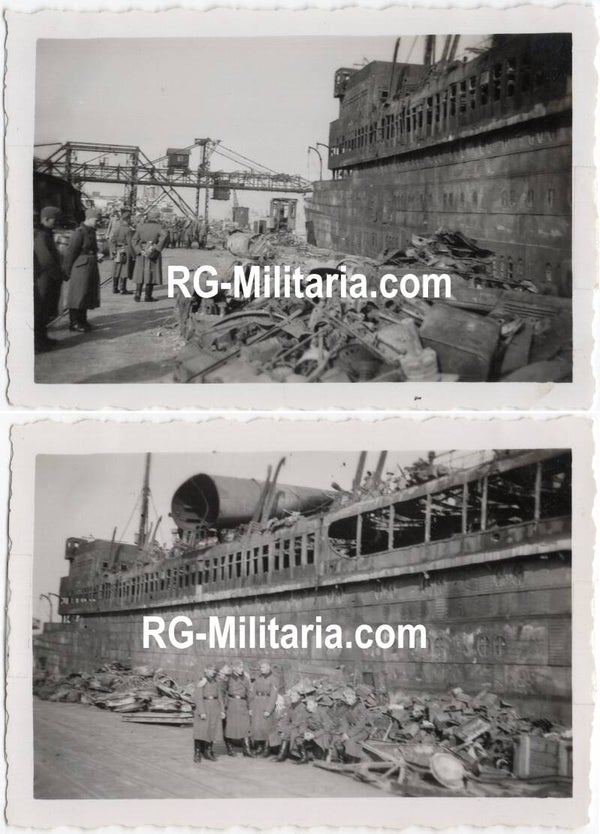 Original WW2 German Photo - German soldiers at the burned out SS Statendam III ship, Rotterdam, May (1940)