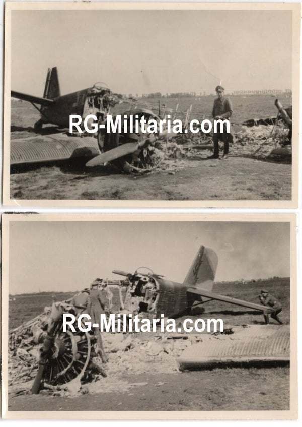 Original WW2 German Photo - Rotterdam airfield Waalhaven with crashed Junkers JU 52 airplane, Holland (1940)