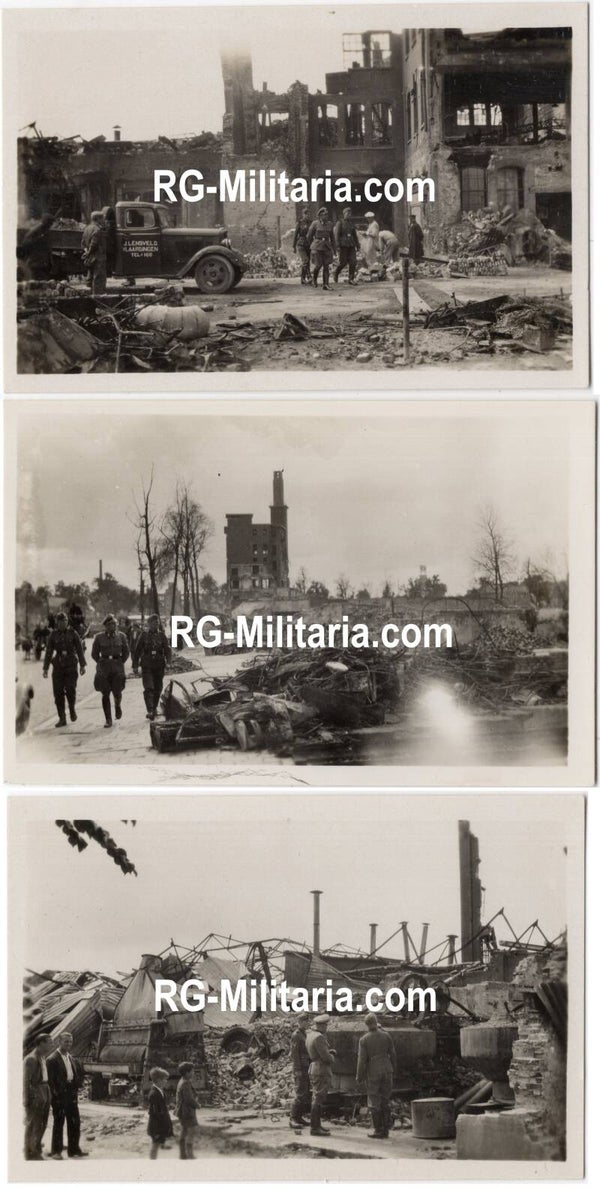 Original WW2 German Photo - SS officer visiting the bombed city of Rotterdam, Holland (1940)