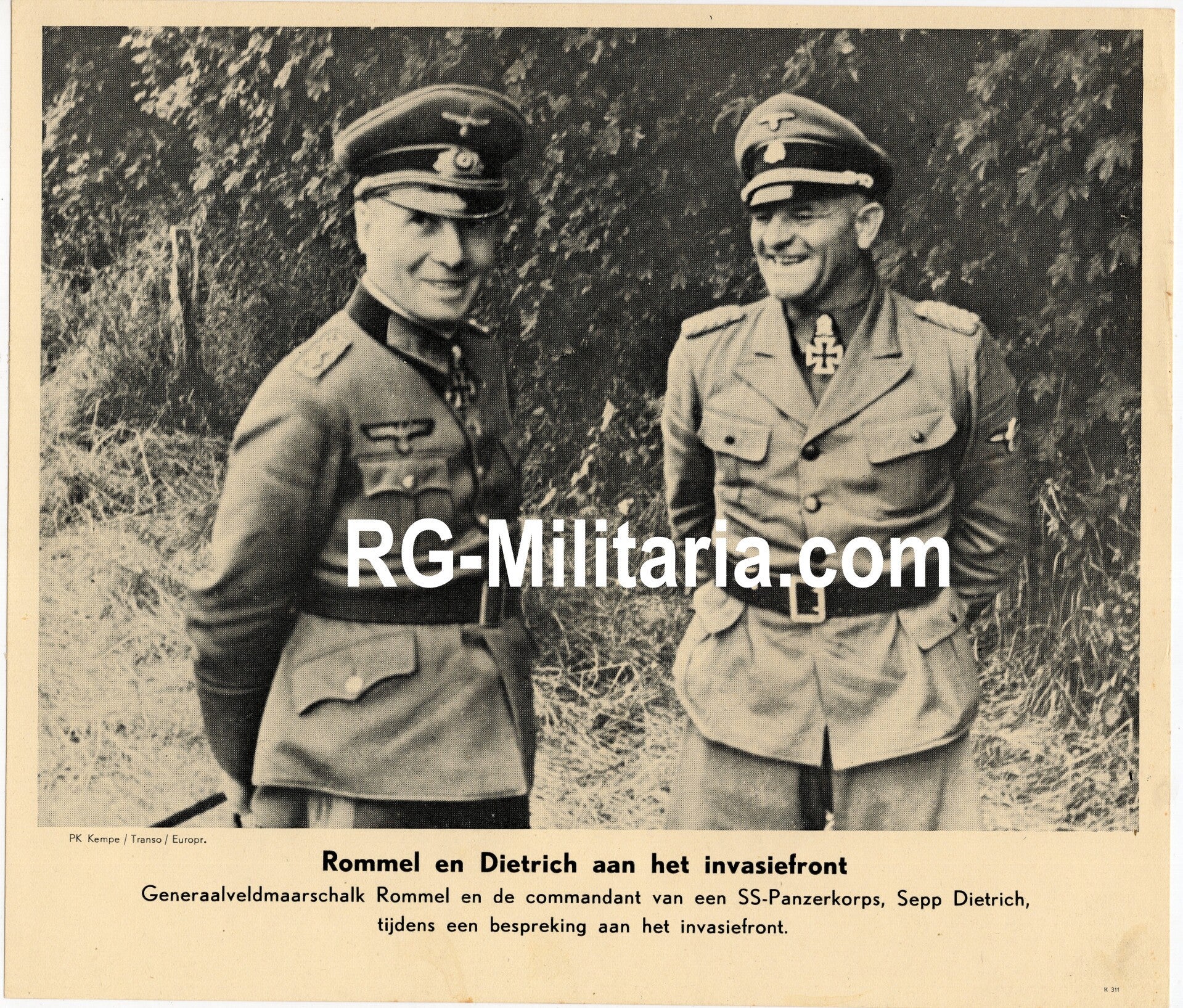 Original WW2 Dutch Bilderdienst Press Photo - Erwin Rommel and Sepp Dietrich talking in Normandy, France (1944)