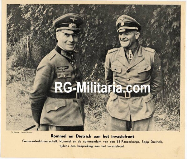 Original WW2 Dutch Bilderdienst Press Photo - Erwin Rommel and Sepp Dietrich talking in Normandy, France (1944)