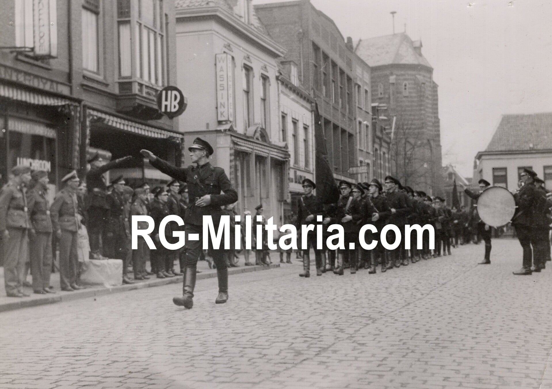 Original WW2 Dutch Collaboration NSB Press Photo - NSB WA march in Doetinchem, with stormflag (1942)