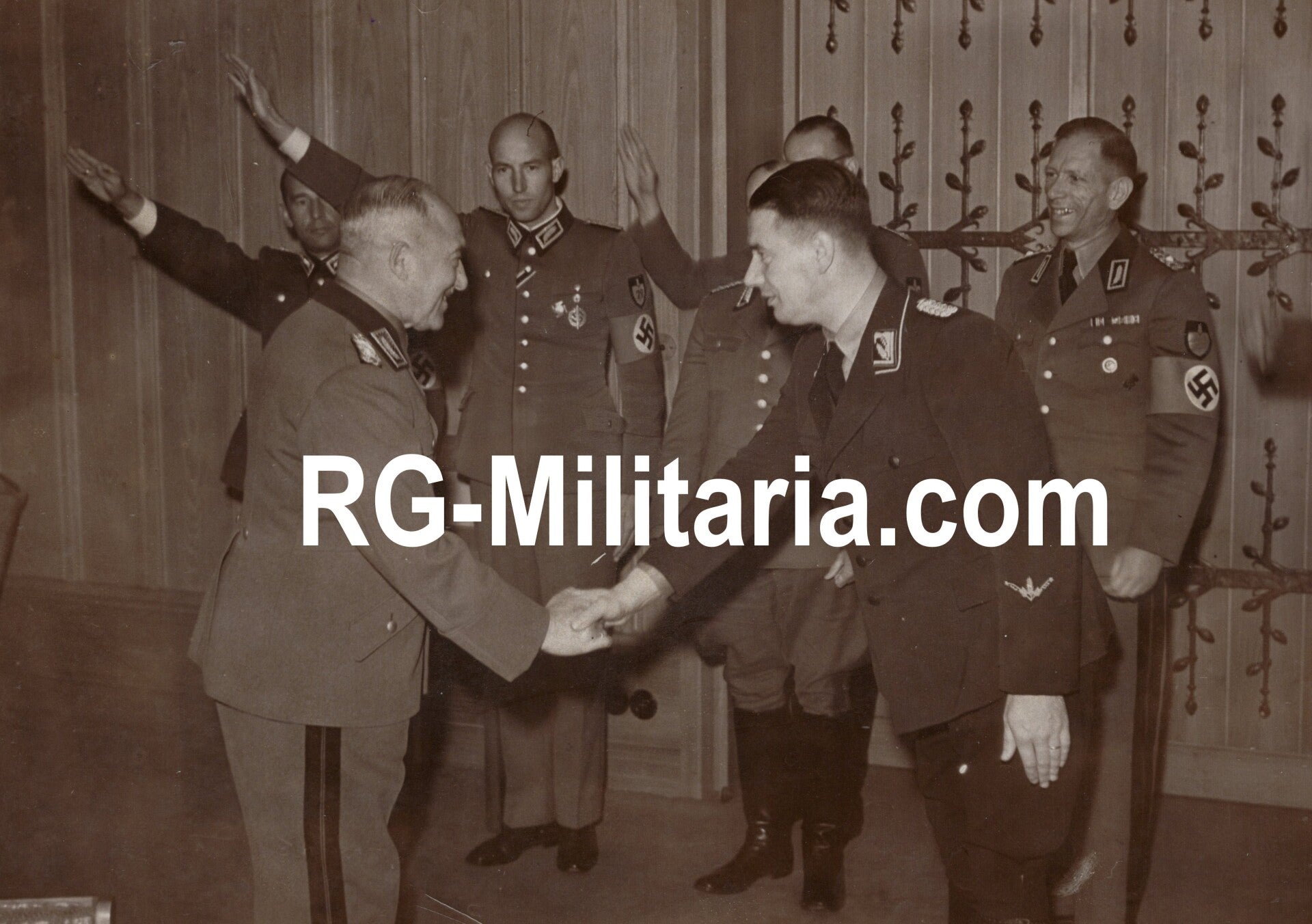 Original WW2 German Press Photo - RAD Reichsarbeitsführer Konstantin Hierl meeting the VAVV Flemish Arbeidsdienst leader Renaat van Thillo (1942)