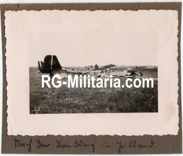 Original WW2 German Photo - Rotterdam airfield Waalhaven with destroyed Junkers JU 52 airplanes, Holland (1940)