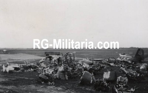Original WW2 German Photo - Destroyed Junkers Ju52 airplane on the Rotterdam airfield Waalhaven, Holland (1940)