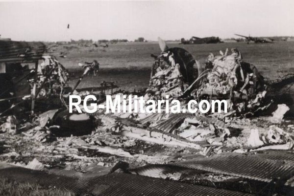 Original WW2 German Photo - Destroyed Junkers Ju52 airplane on the Rotterdam airfield Waalhaven, Holland (1940)
