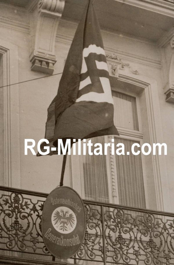 Original WW2 Belgian Press Photo - Swastika flag at the Austrian consulate in Brussels, Belgium (1938)