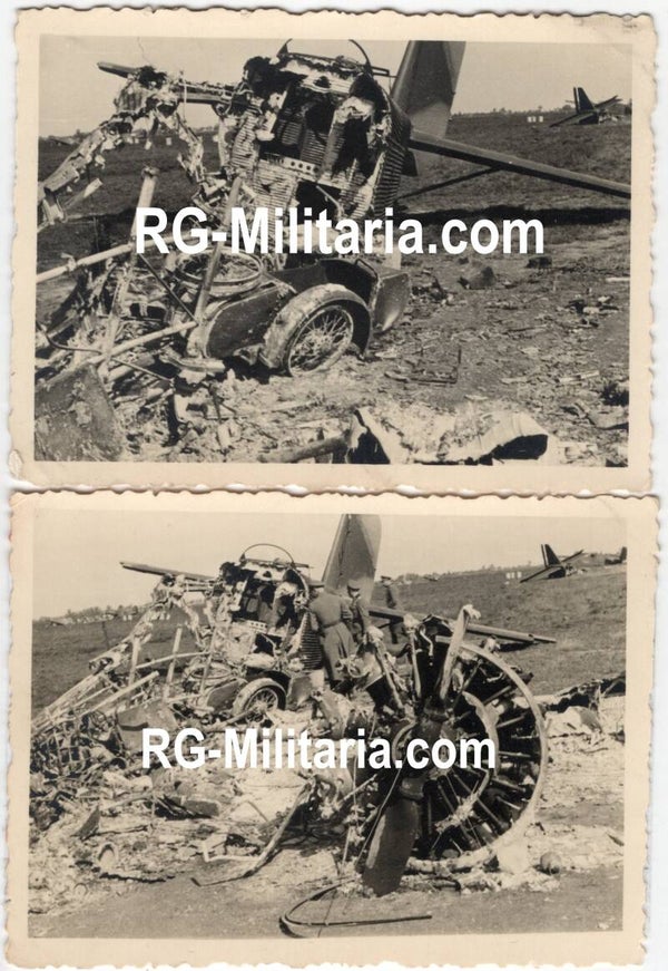 Original WW2 German Photo - Rotterdam airfield Waalhaven with crashed Junkers JU 52 airplane with motorcycle, Holland (1940)