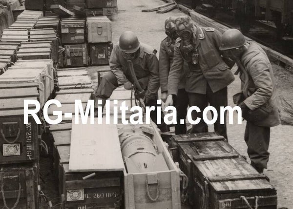 Original WW2 US Press Photo - 1st US Army checking out a German gas bomb depot (1945)
