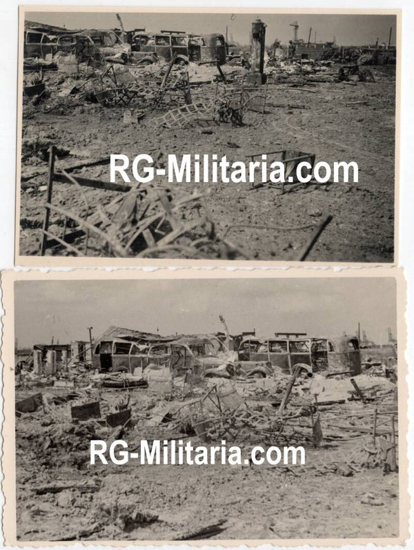 Original WW2 German Photo - Burned out KLM buses at the Rotterdam airfield, Waalhaven, Holland (1940)
