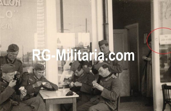 Original WW2 German Photo - German soldiers eating ice cream, ''For Jews forbidden'' sign, ''Voor Joden verboden''