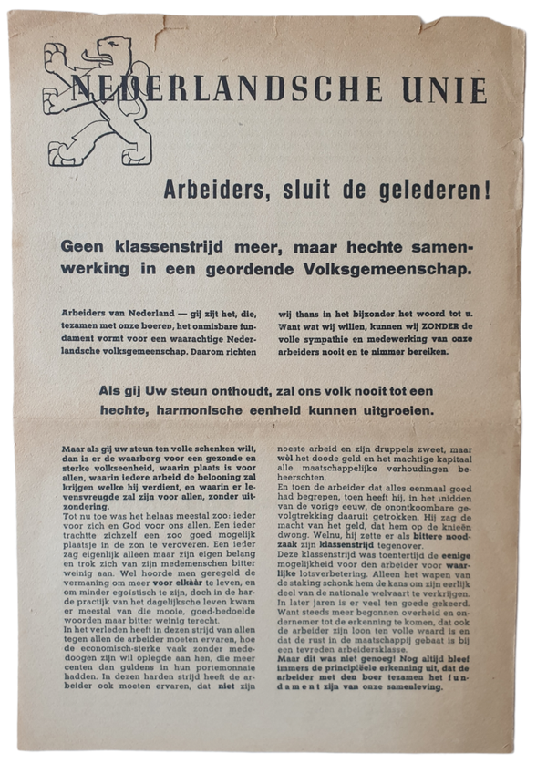 Flyer - Nederlandsche Unie ''Arbeiders, sluit de gelederen!''