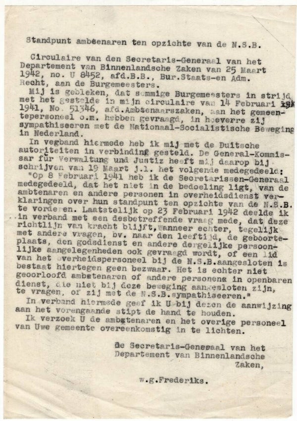 Position of civil servants towards the Dutch NSB, by Frederiks. Circular 25th of March, 1942.