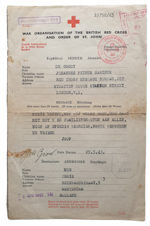 Letter Red Cross London Amsterdam
