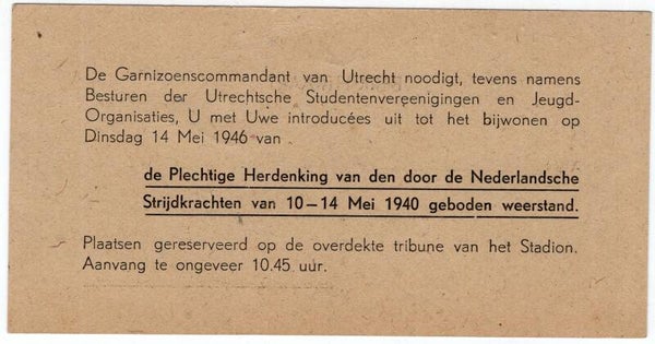Invitation to the commemoration of the Dutch Armed Forces May 10-14, 1940 in Utrecht.
