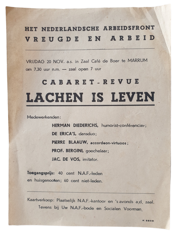 NAF - Flyer ''Vreugde en Arbeid cabaret lachen is leven'' Marrum