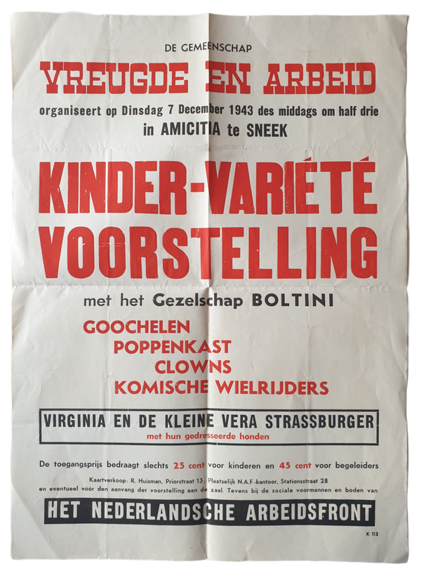 NAF - poster ''Vreugde en Arbeid Kinder-variété voorstelling'' Sneek 1943.