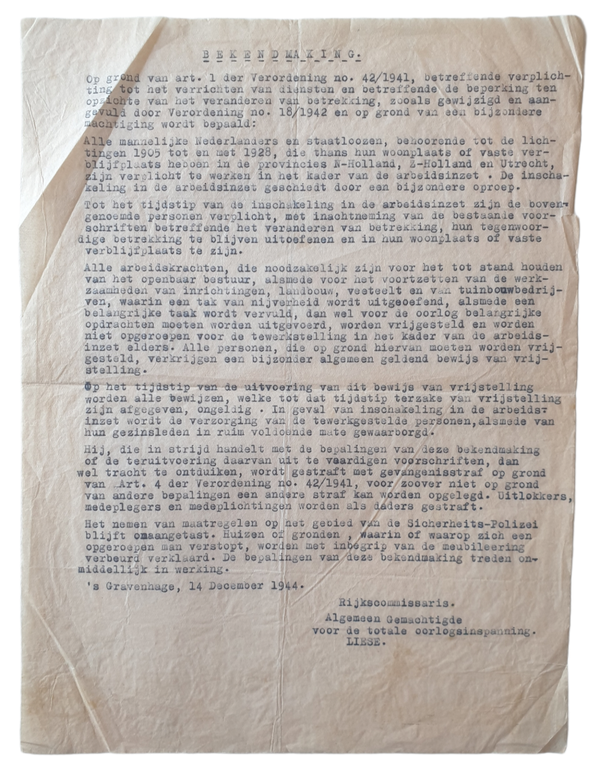 Dutch notice ''bekendmaking'' Liese The Hague 14 december 1944
