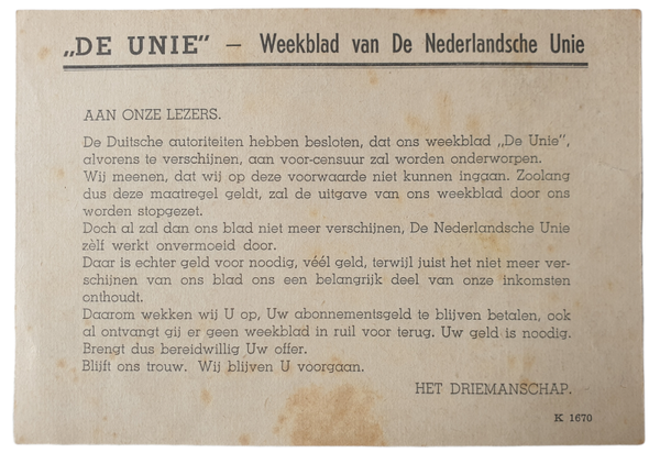 De Unie notice for their newspaper being prohibited
