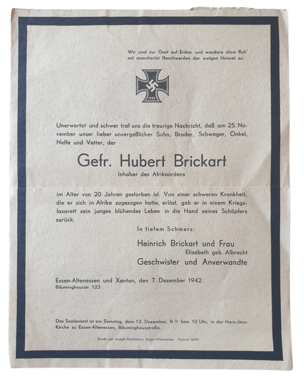 Death card - Hubert Brickart Africa 1942