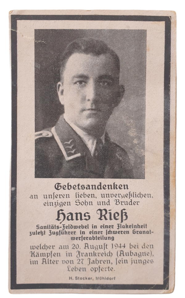 Death card - Hans Riess France (Aubagne) 20th August 1944 Operation Dragoon
