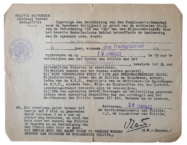 Call Notification Police Rotterdam 1943