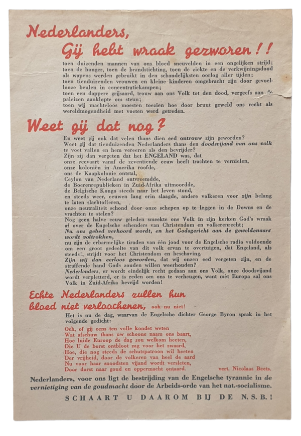 NSB flyer ''Nederlands, gij hebt wraak gezworen!!''